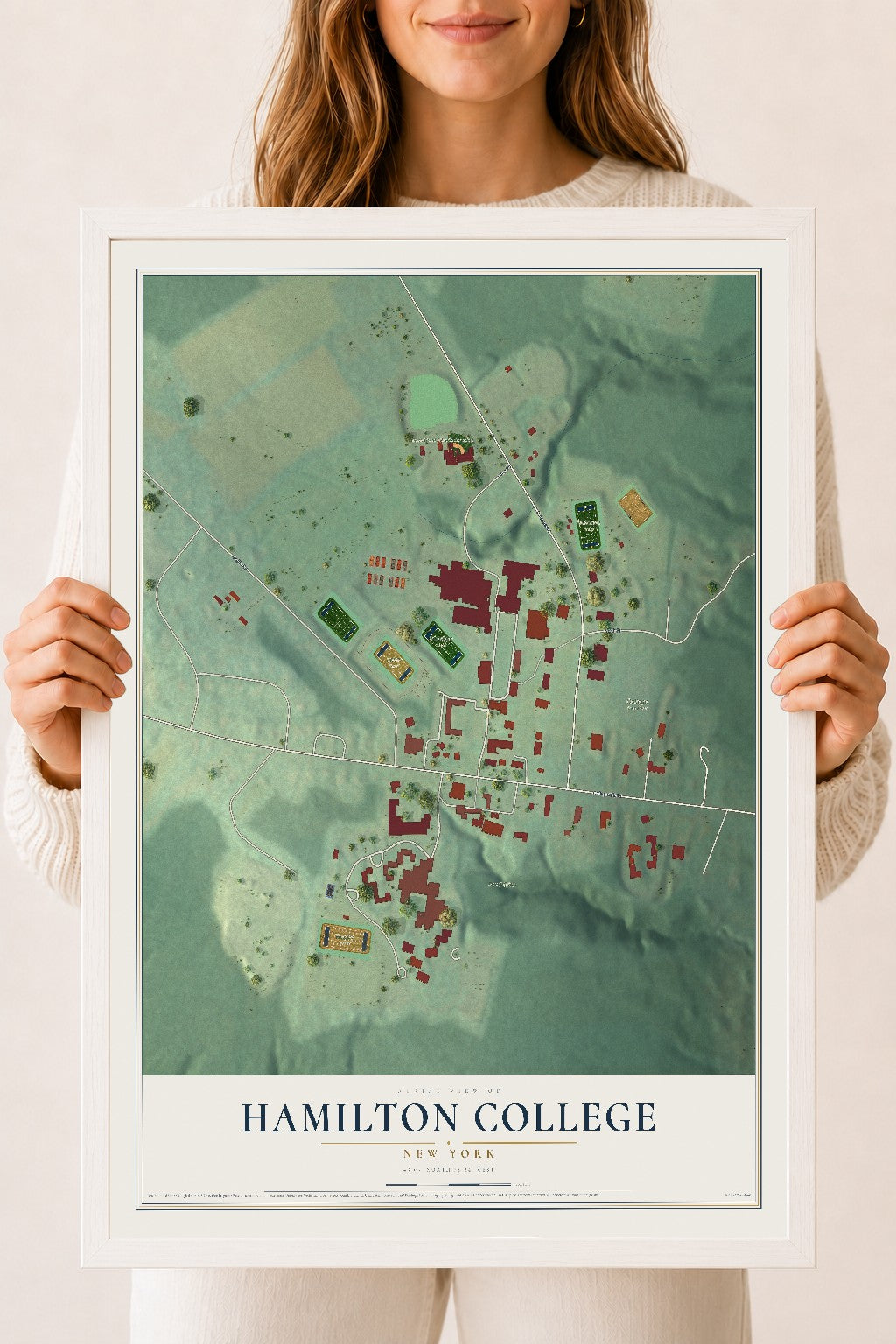 Hamilton College, New York map print, 18" x 24" W/ White Ayous Wood Frame mockup