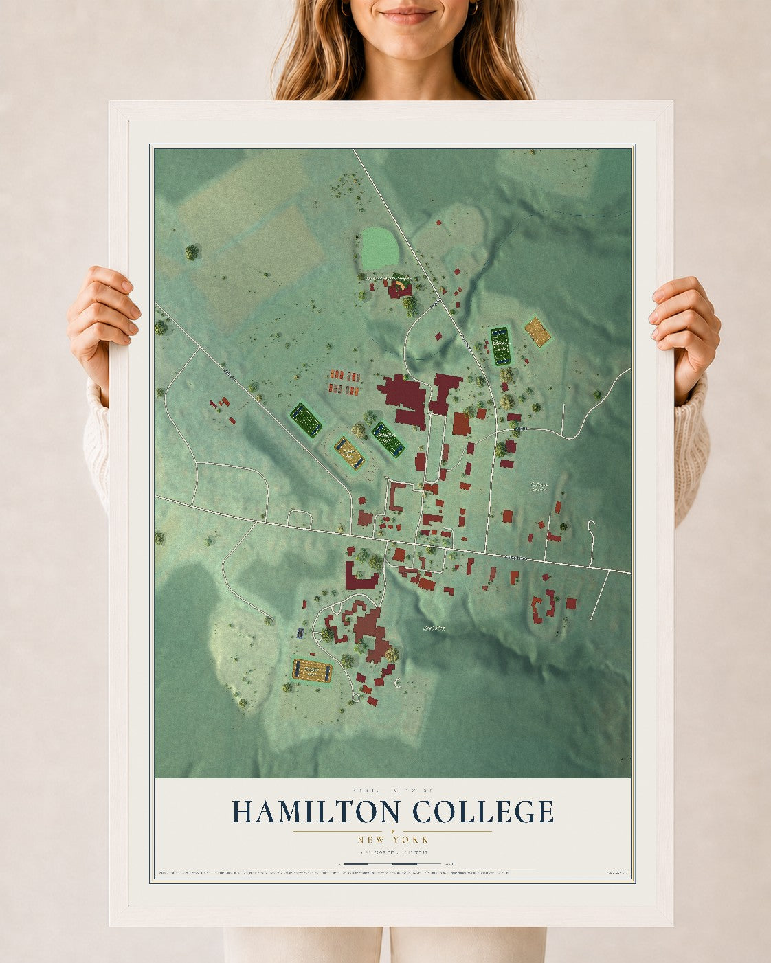 Hamilton College, New York map print, 24" x 36" W/ White Ayous Wood Frame mockup