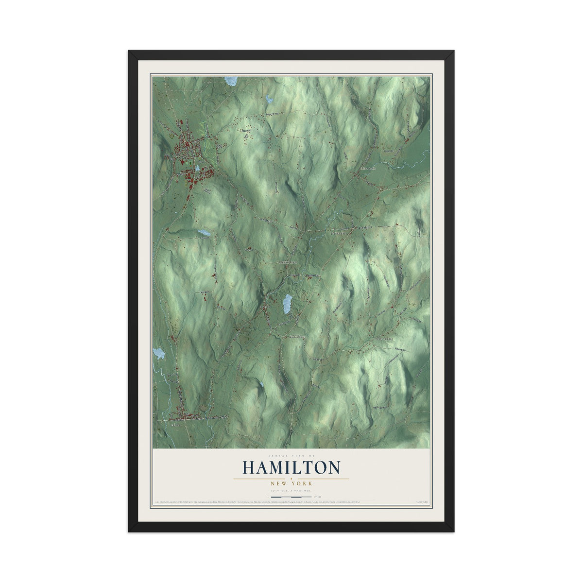 Hamilton, New York map print, 12" x 18" W/ Black Ayous Wood Frame mockup
