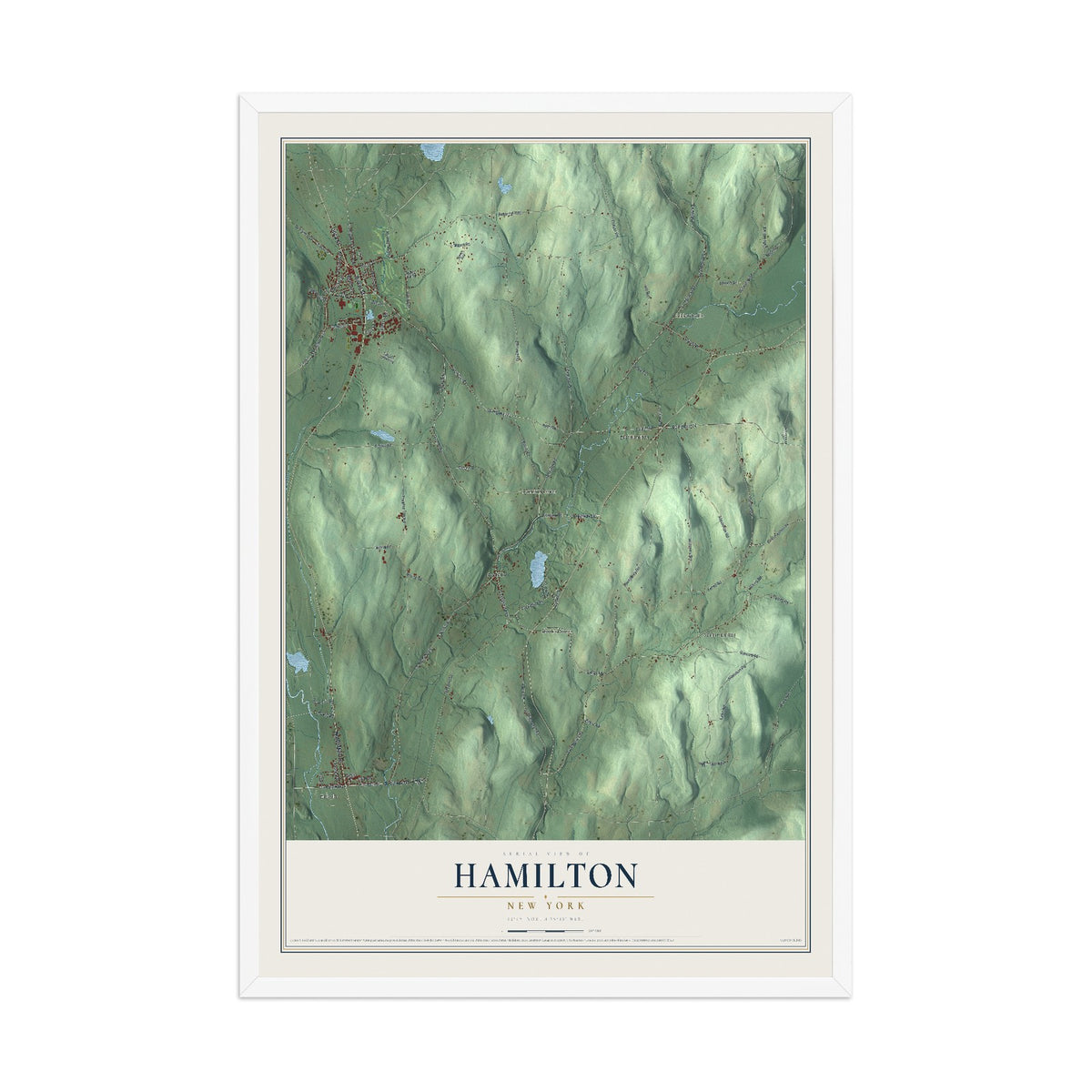 Hamilton, New York map print, 12" x 18" W/ White Ayous Wood Frame mockup