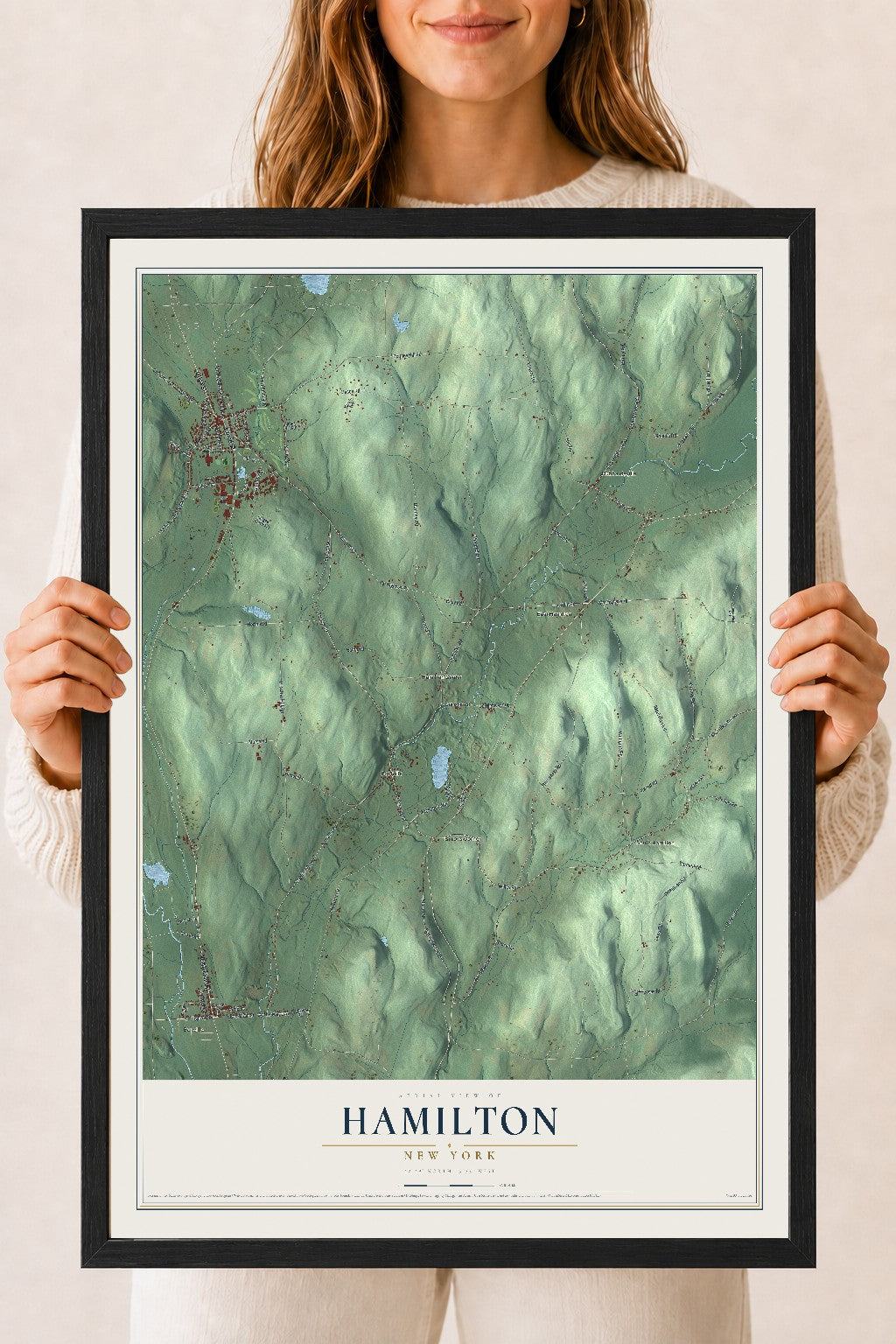 Hamilton, New York map print, 18" x 24" W/ Black Ayous Wood Frame mockup