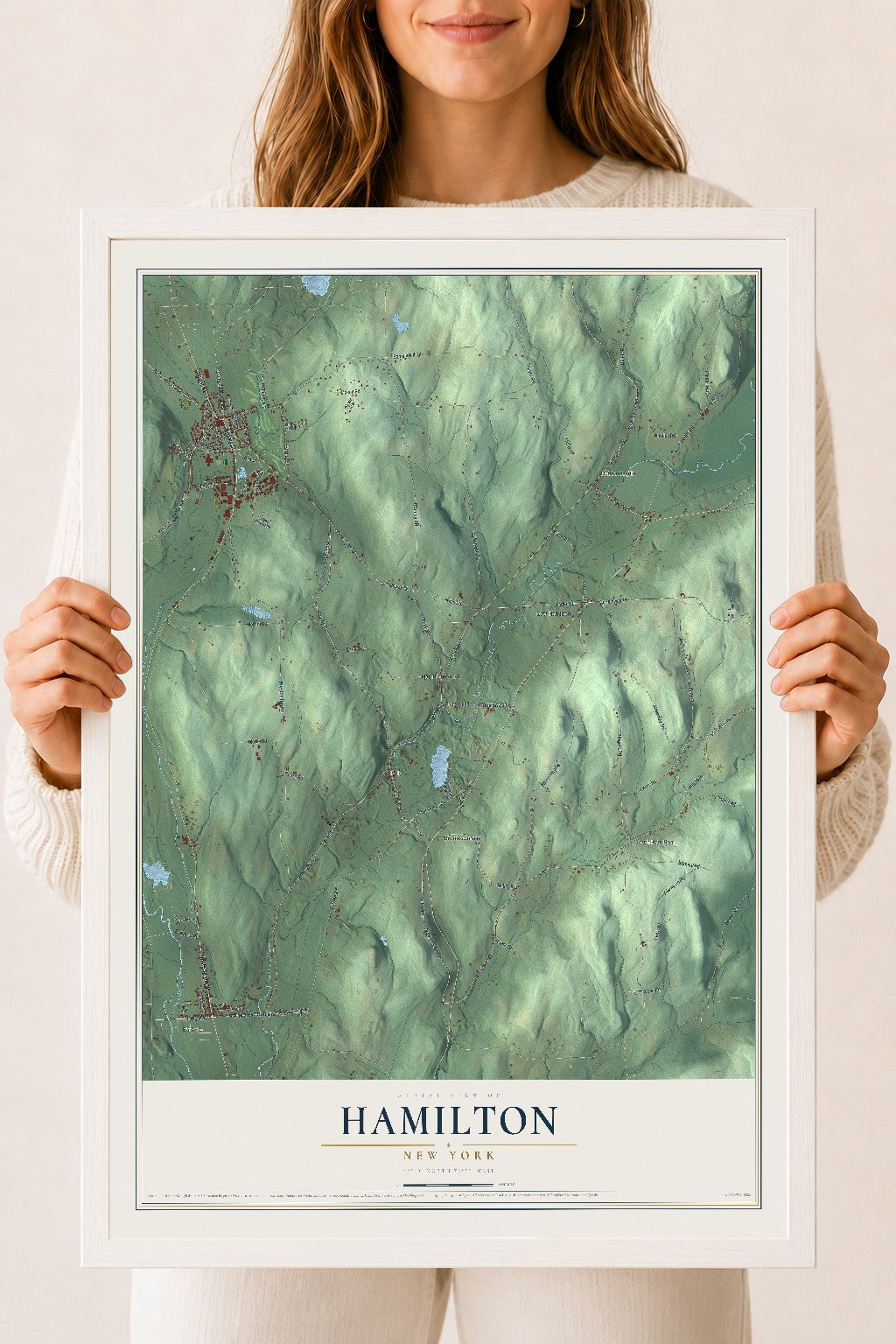 Hamilton, New York map print, 18" x 24" W/ White Ayous Wood Frame mockup