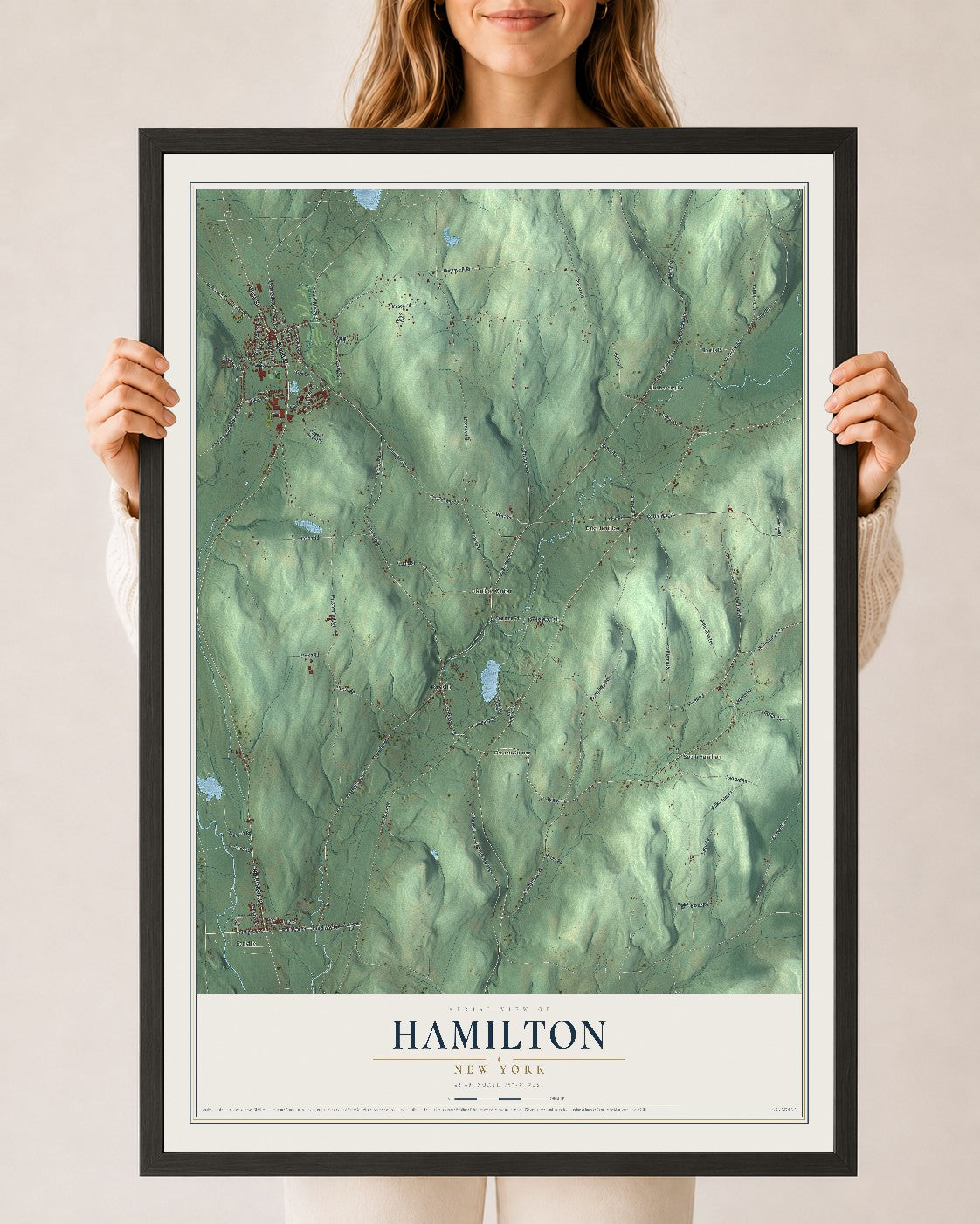Hamilton, New York map print, 24" x 36" W/ Black Ayous Wood Frame mockup