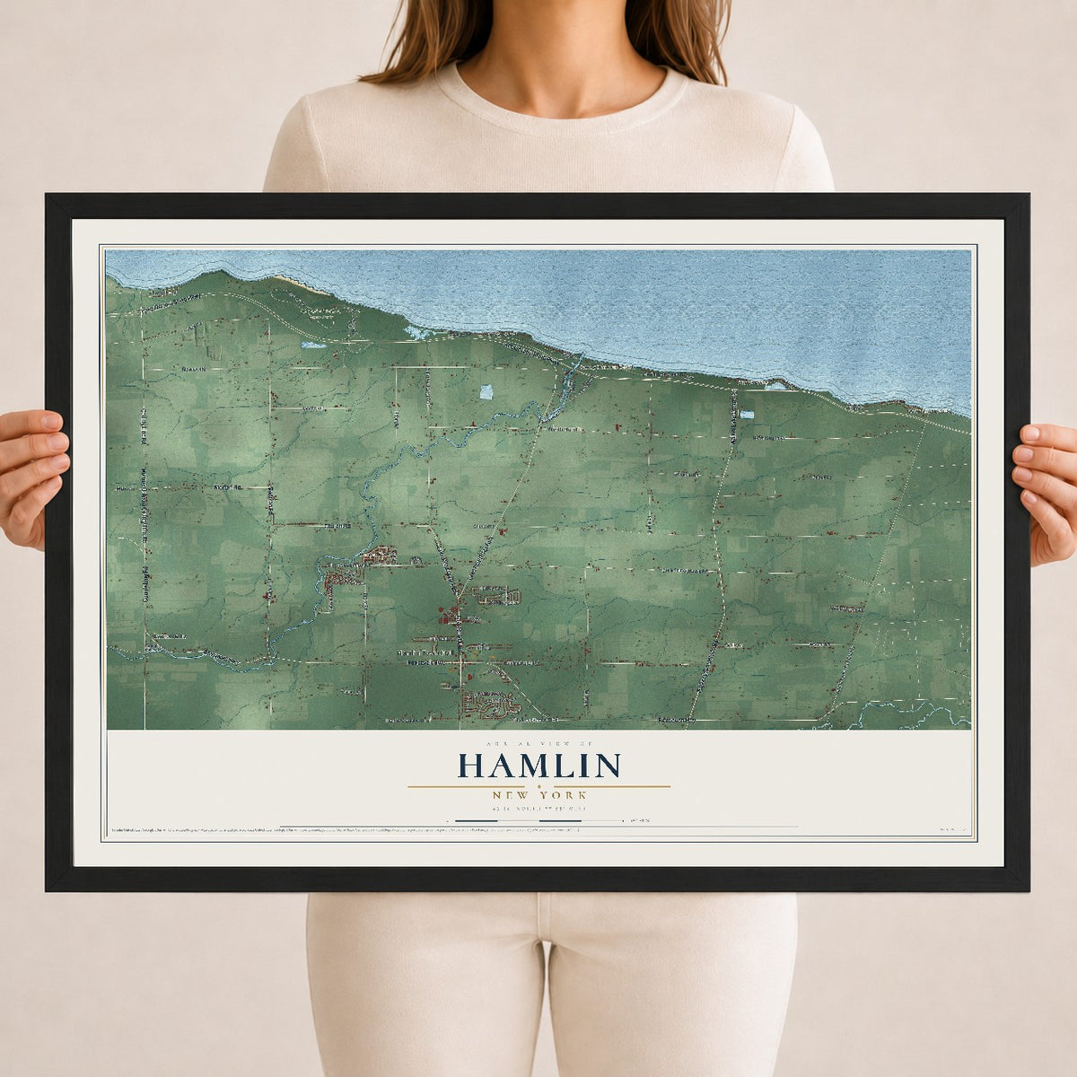 Hamlin, New York map print, 18" x 24" W/ Black Ayous Wood Frame mockup
