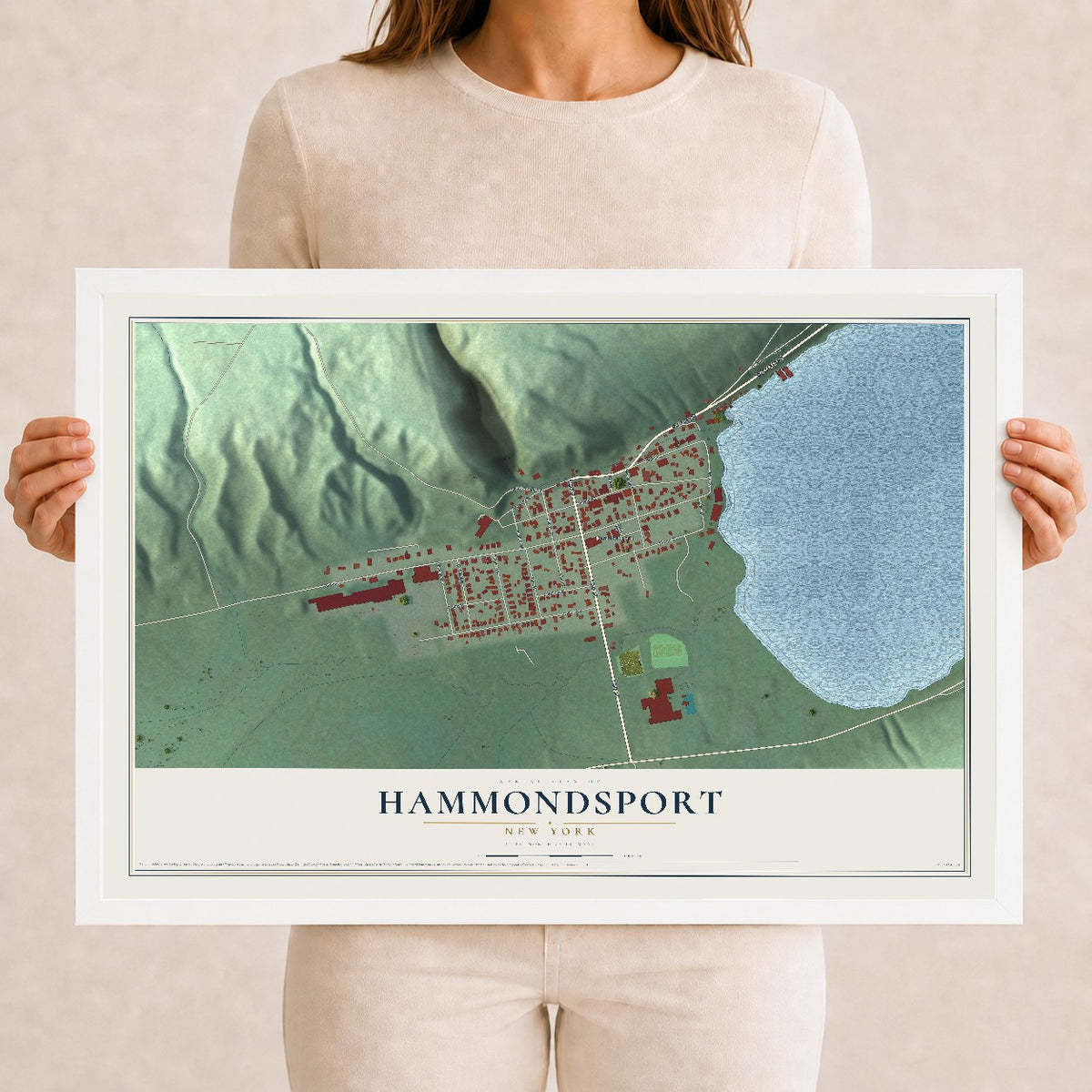Hammondsport, New York map print, 12" x 18" W/ White Ayous Wood Frame mockup