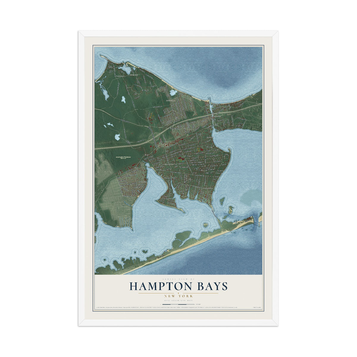 Hampton Bays, New York map print, 12" x 18" W/ White Ayous Wood Frame mockup
