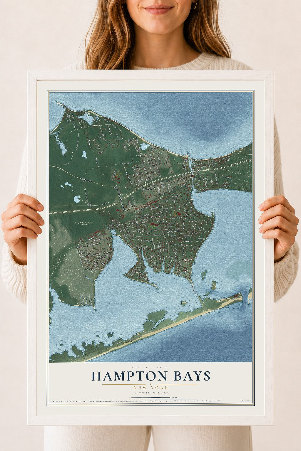 Hampton Bays, New York map print, 18" x 24" W/ White Ayous Wood Frame mockup