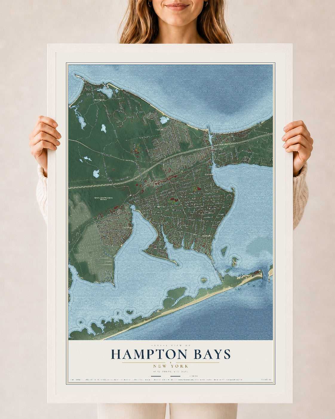 Hampton Bays, New York map print, 24" x 36" W/ White Ayous Wood Frame mockup
