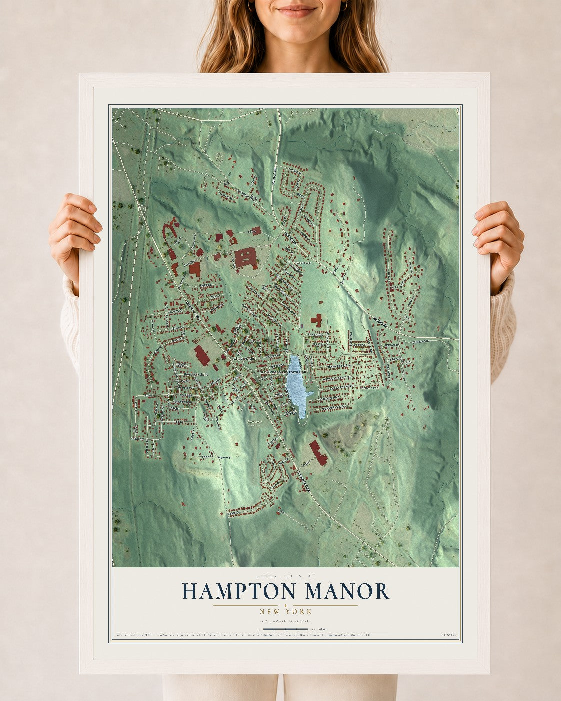Hampton Manor, New York map print, 24" x 36" W/ White Ayous Wood Frame mockup
