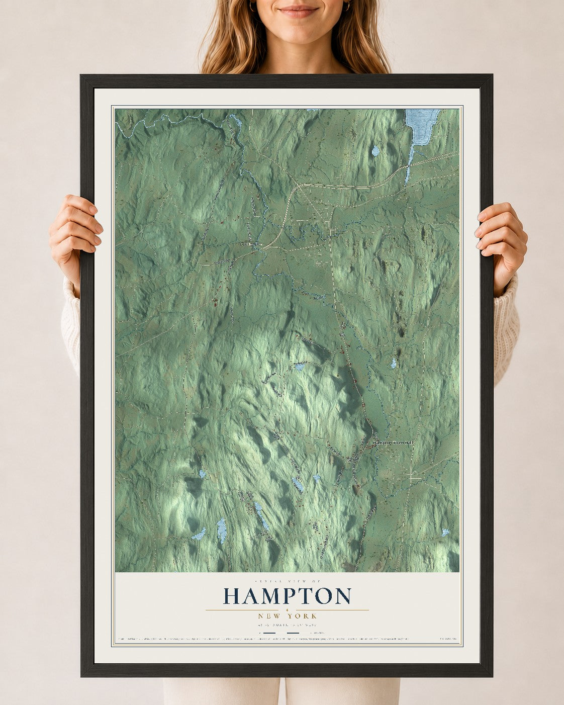 Hampton, New York map print, 24" x 36" W/ Black Ayous Wood Frame mockup