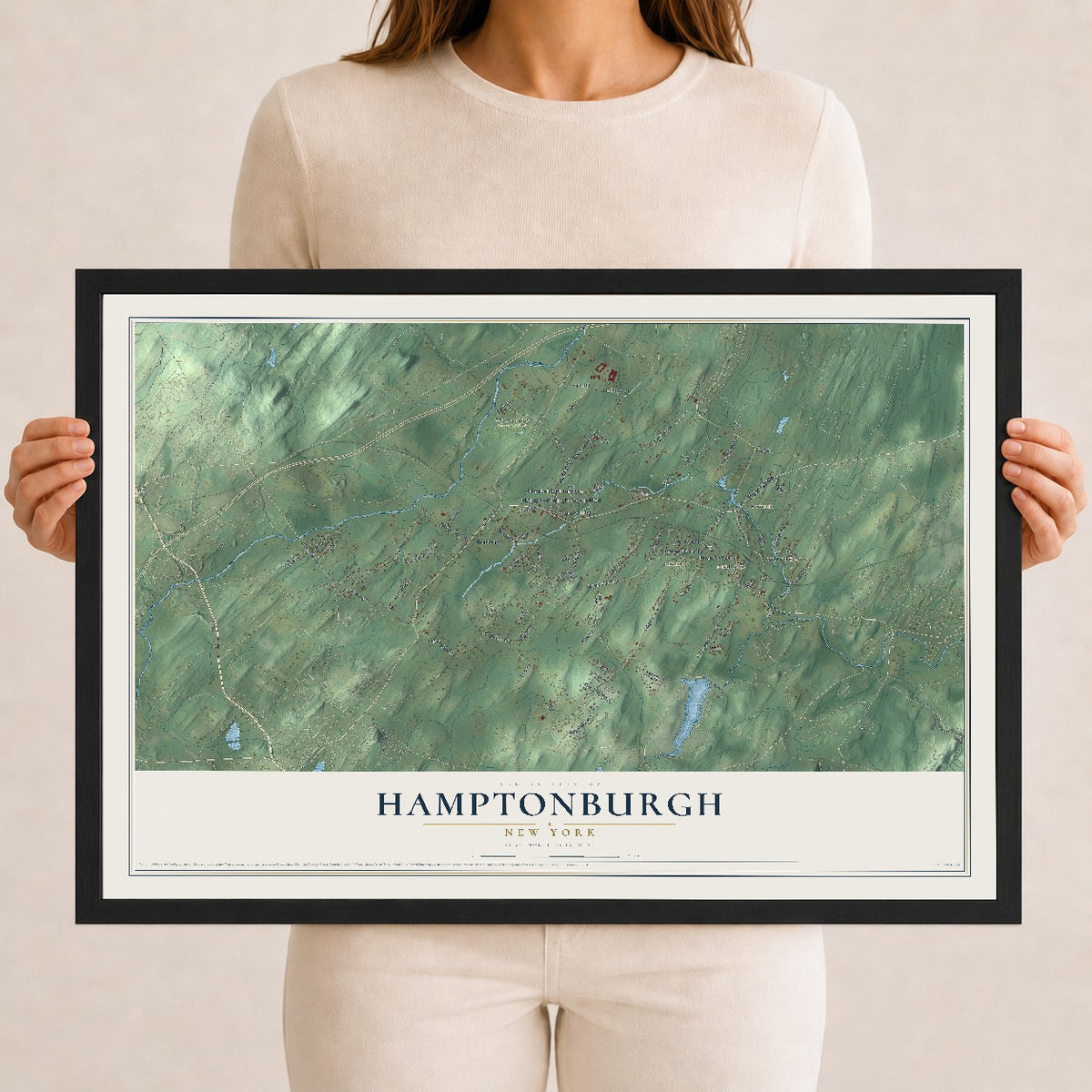 Hamptonburgh, New York map print, 12" x 18" W/ Black Ayous Wood Frame mockup
