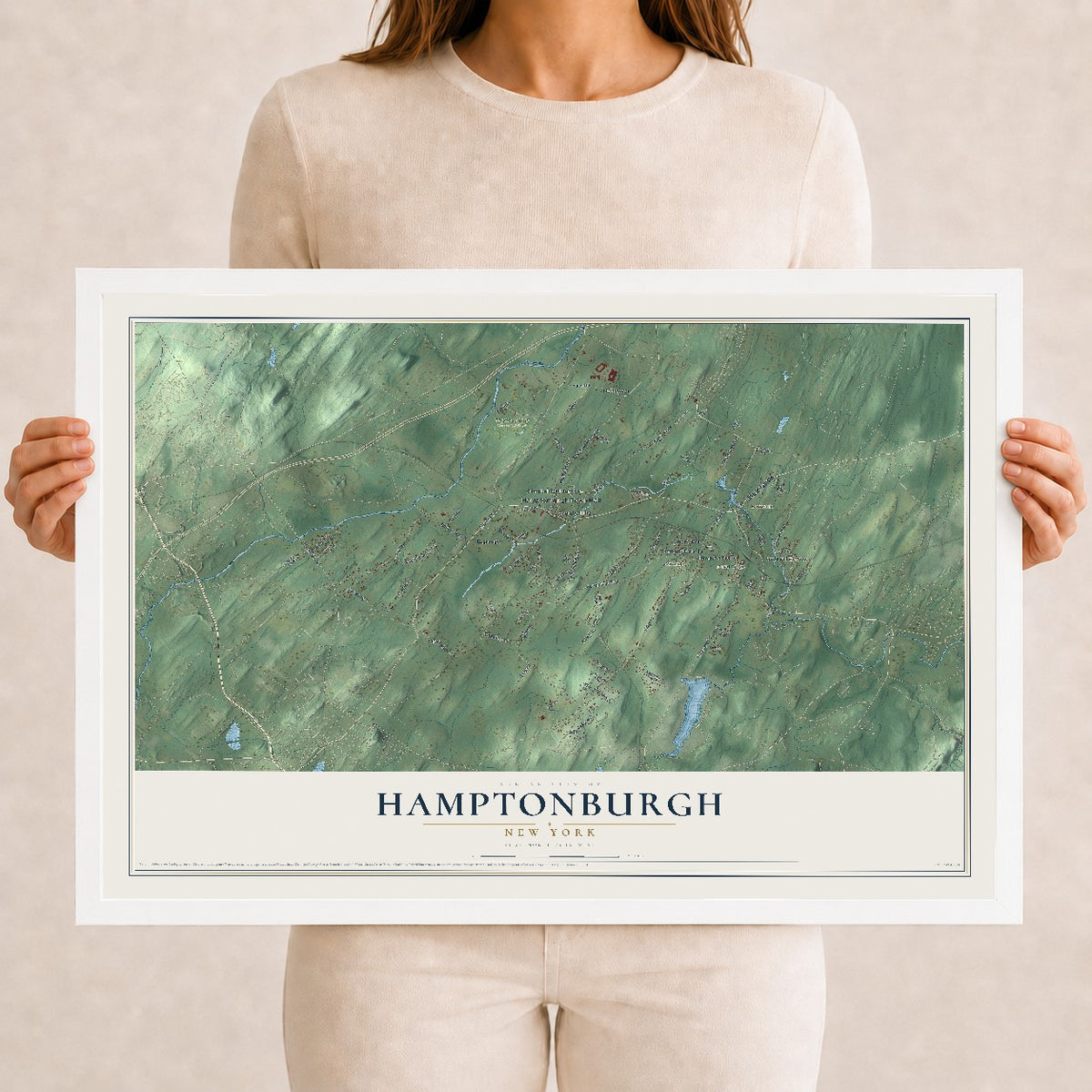 Hamptonburgh, New York map print, 12" x 18" W/ White Ayous Wood Frame mockup
