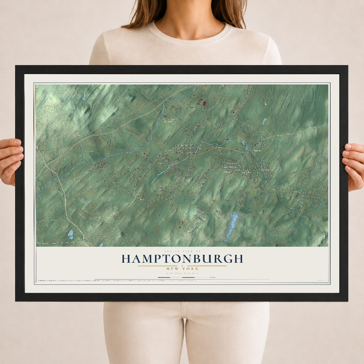 Hamptonburgh, New York map print, 18" x 24" W/ Black Ayous Wood Frame mockup