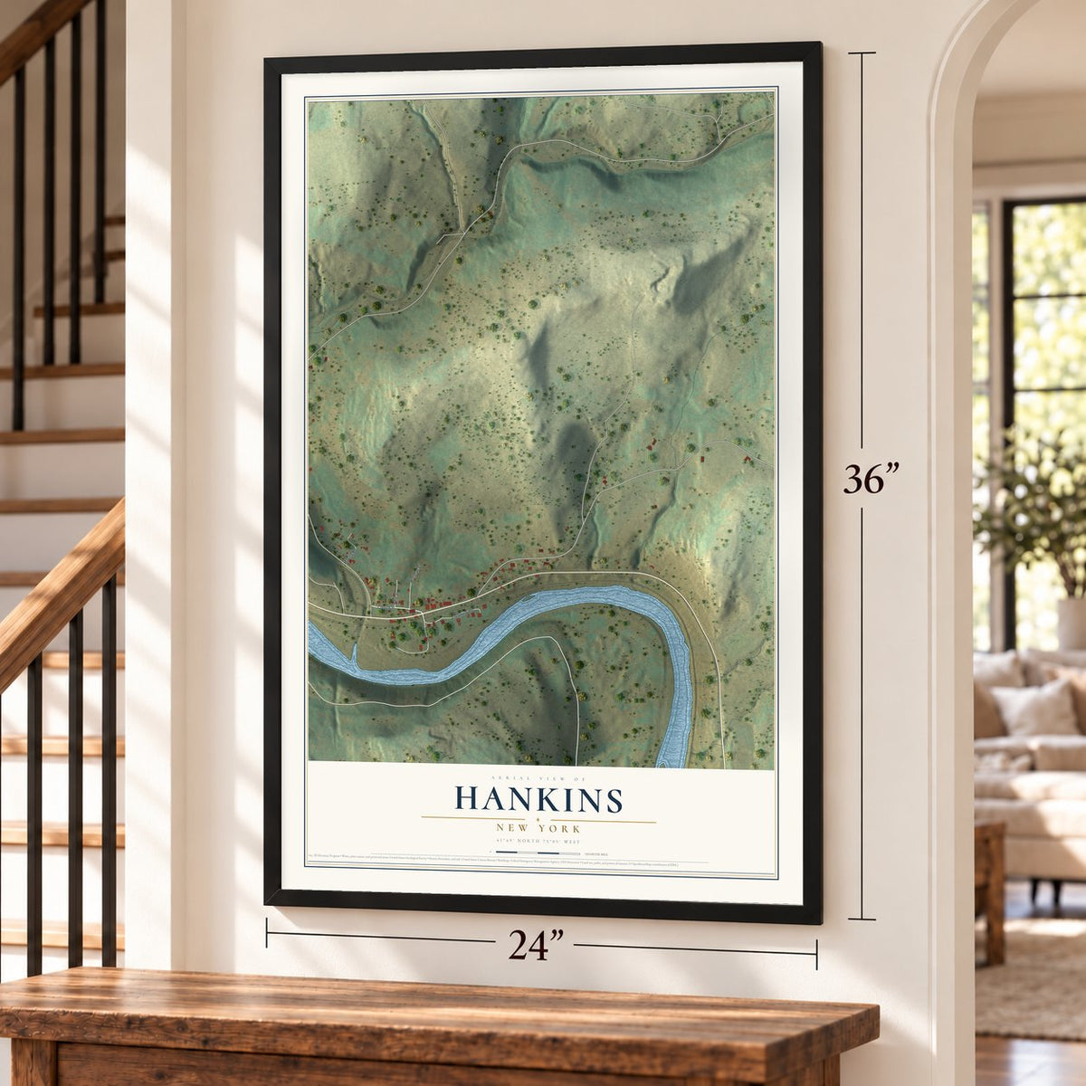 Hankins, New York map, 24 x 36 inch print in a black frame by a staircase