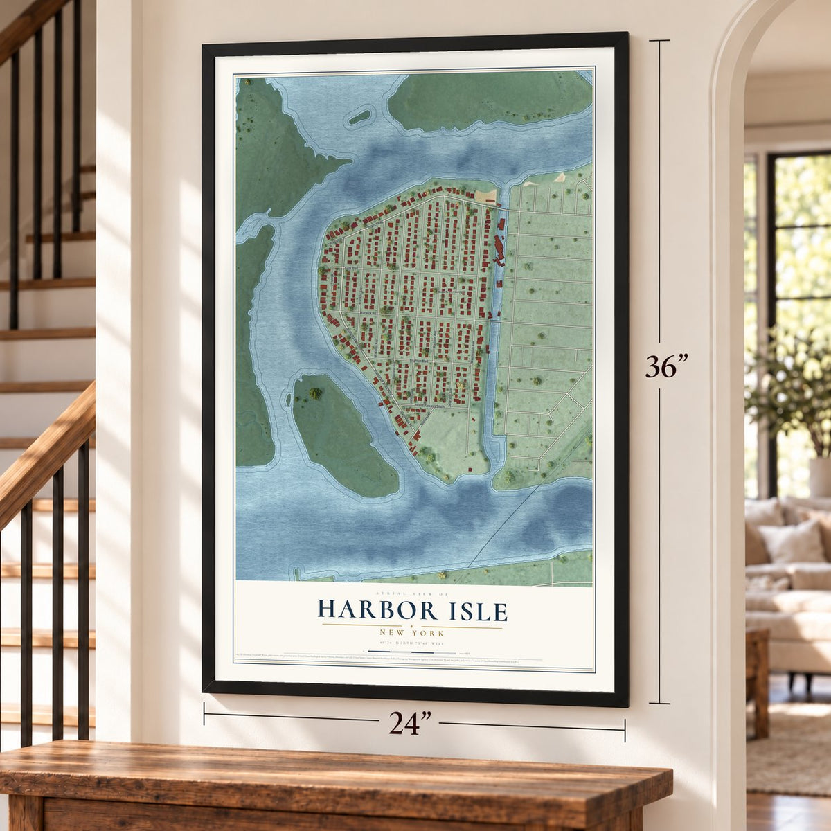 Harbor Isle, New York map, 24 x 36 inch print in a black frame by a staircase