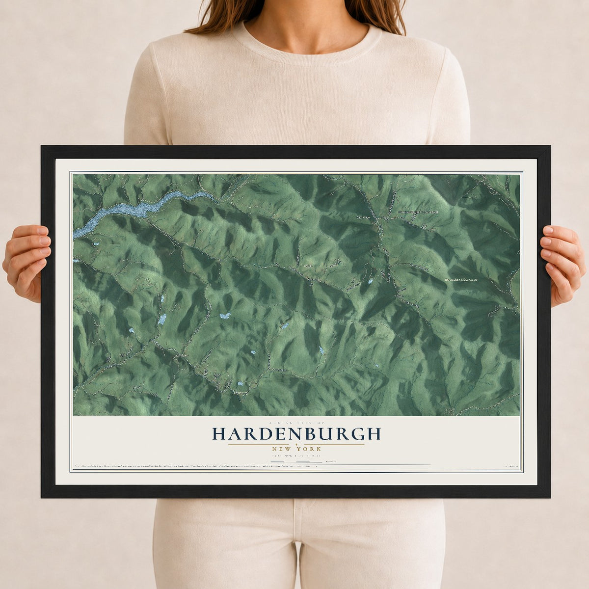 Hardenburgh, New York map print, 12" x 18" W/ Black Ayous Wood Frame mockup