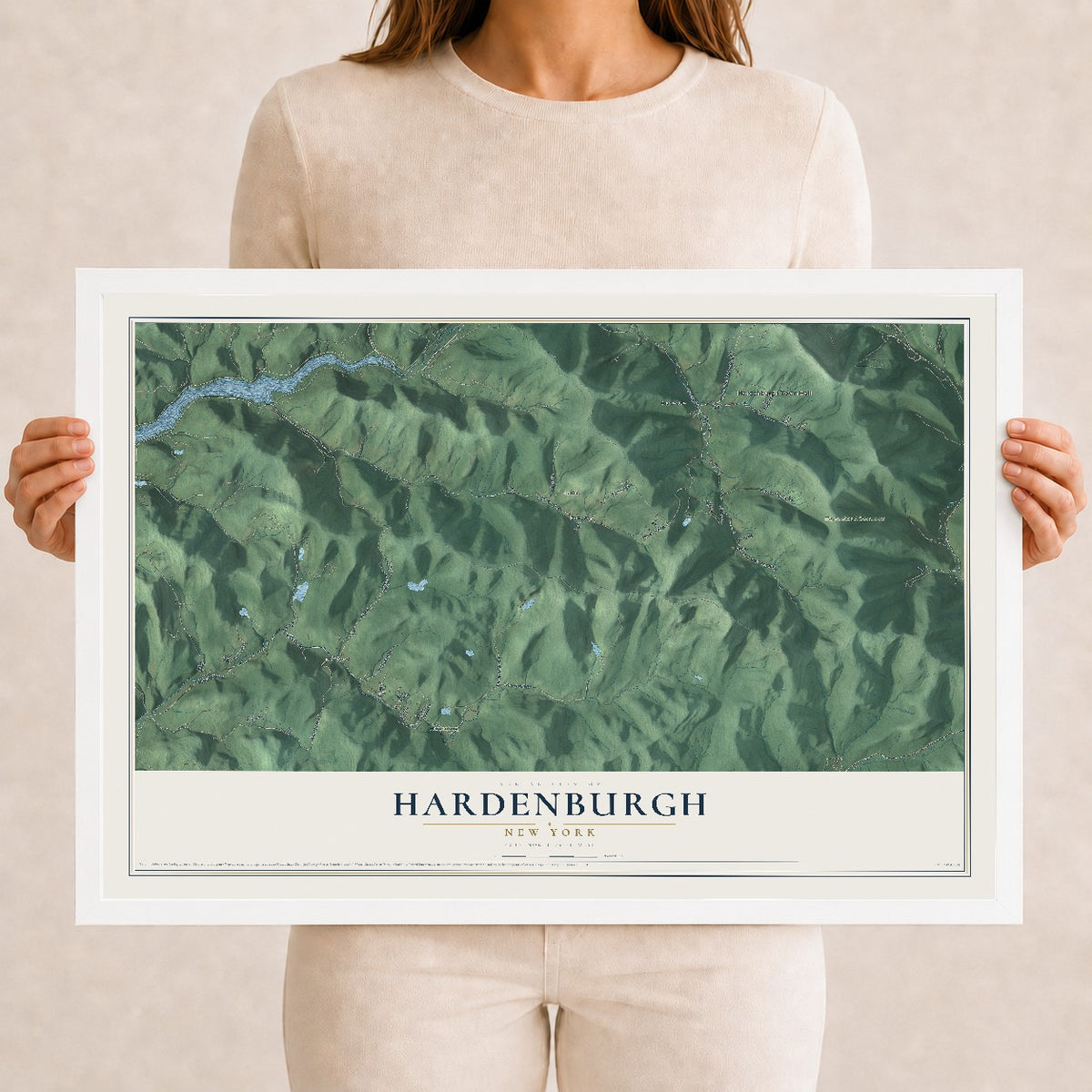 Hardenburgh, New York map print, 12" x 18" W/ White Ayous Wood Frame mockup