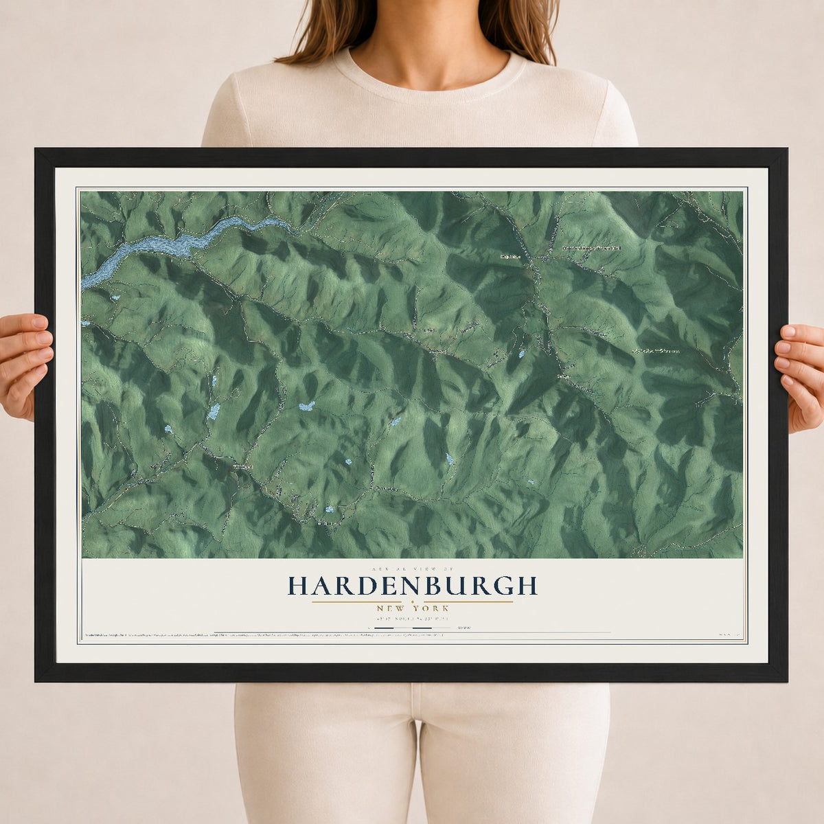 Hardenburgh, New York map print, 18" x 24" W/ Black Ayous Wood Frame mockup