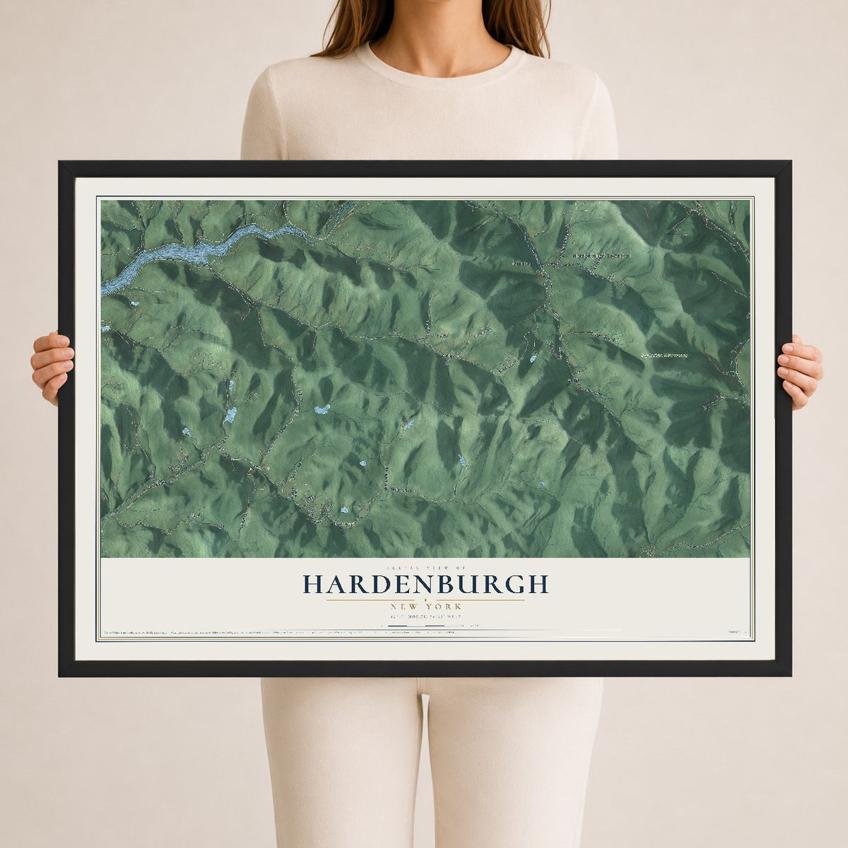 Hardenburgh, New York map print, 24" x 36" W/ Black Ayous Wood Frame mockup