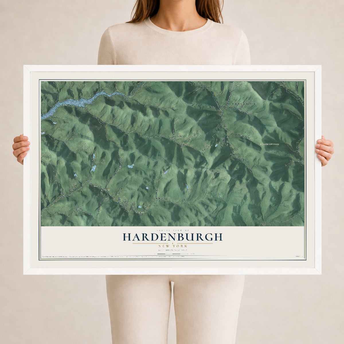 Hardenburgh, New York map print, 24" x 36" W/ White Ayous Wood Frame mockup