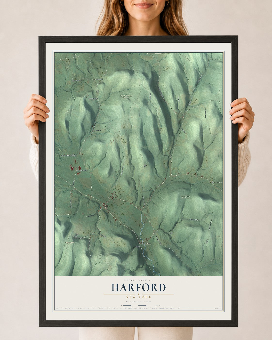Harford, New York map print, 24" x 36" W/ Black Ayous Wood Frame mockup
