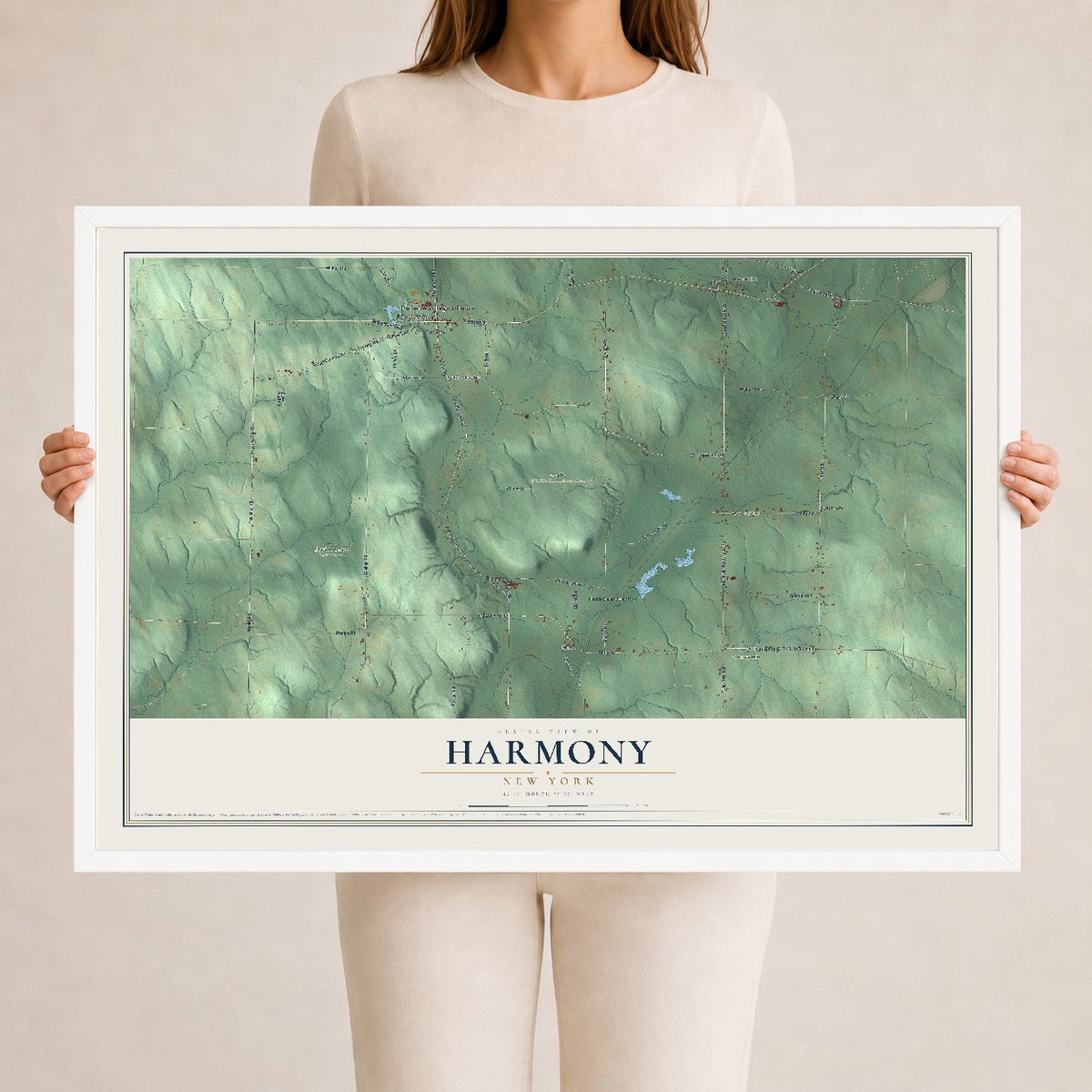 Harmony, New York map print, 24" x 36" W/ White Ayous Wood Frame mockup