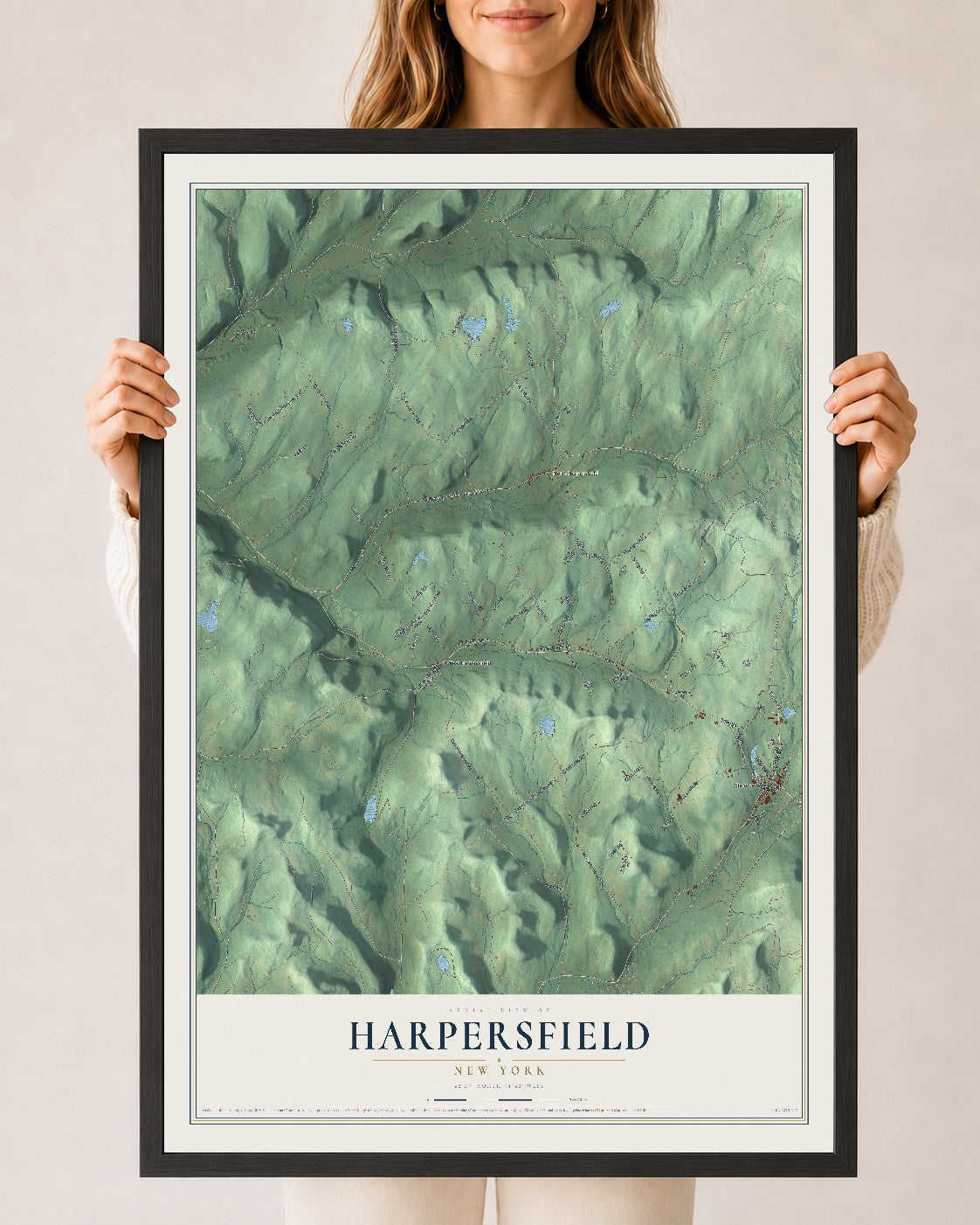 Harpersfield, New York map print, 24" x 36" W/ Black Ayous Wood Frame mockup