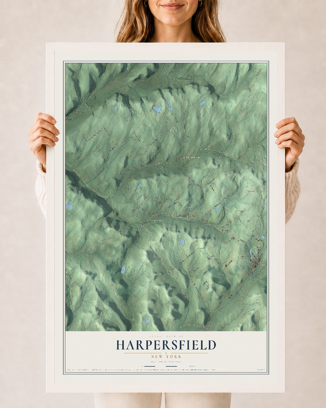 Harpersfield, New York map print, 24" x 36" W/ White Ayous Wood Frame mockup