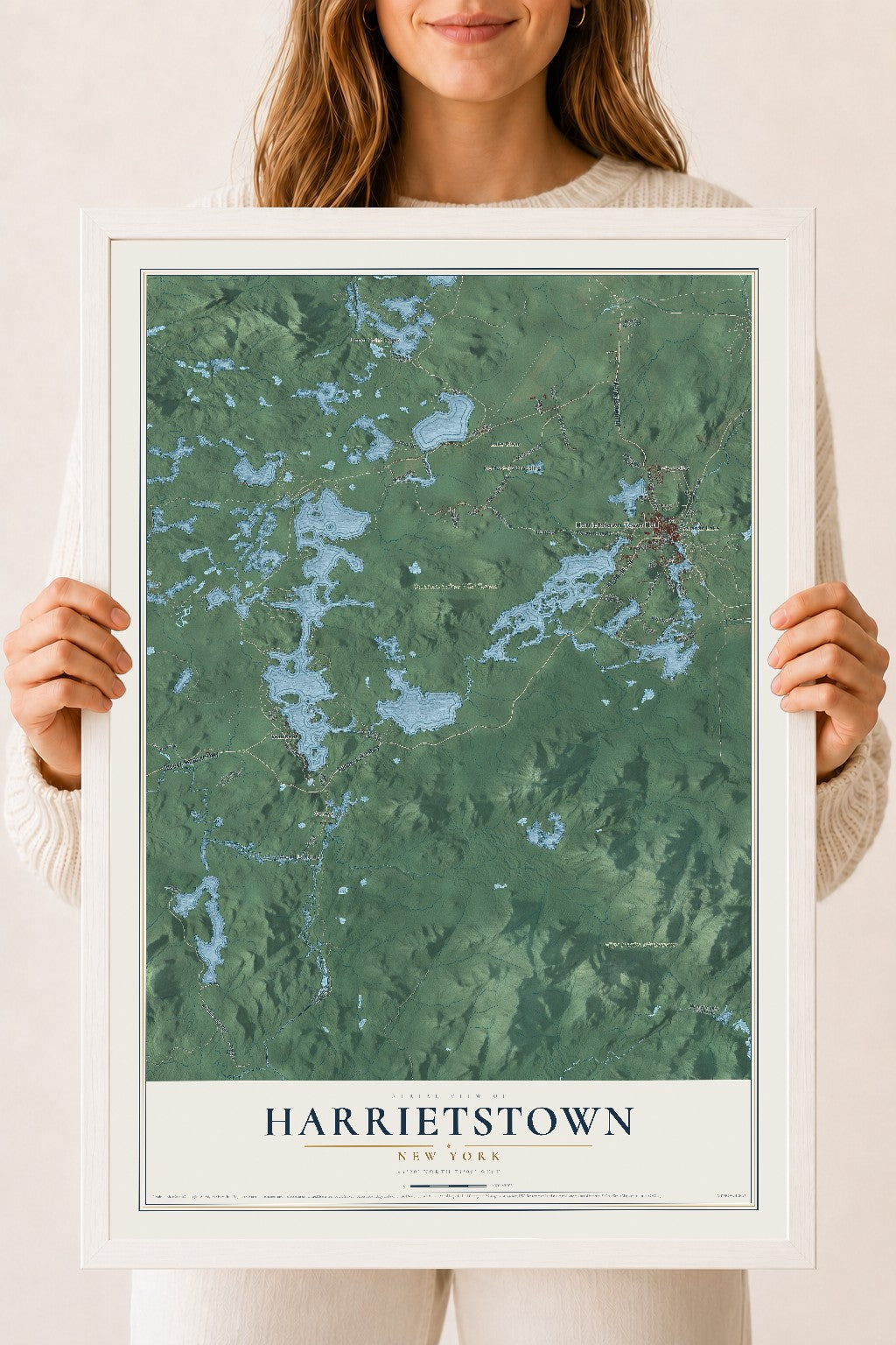 Harrietstown, New York map print, 18" x 24" W/ White Ayous Wood Frame mockup