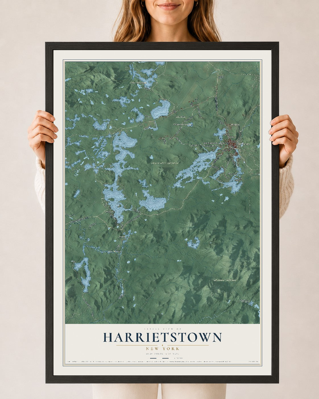 Harrietstown, New York map print, 24" x 36" W/ Black Ayous Wood Frame mockup