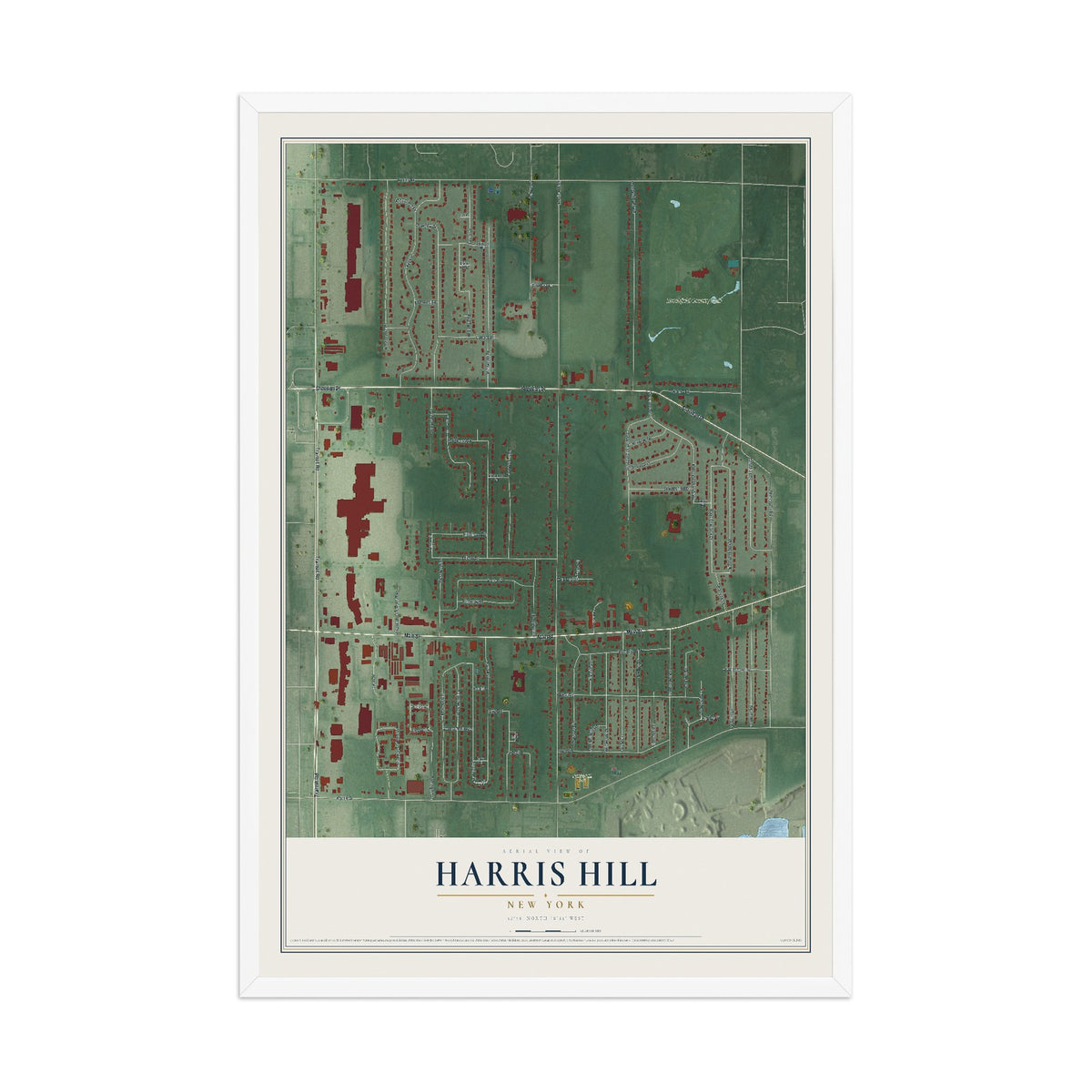 Harris Hill, New York map print, 12" x 18" W/ White Ayous Wood Frame mockup