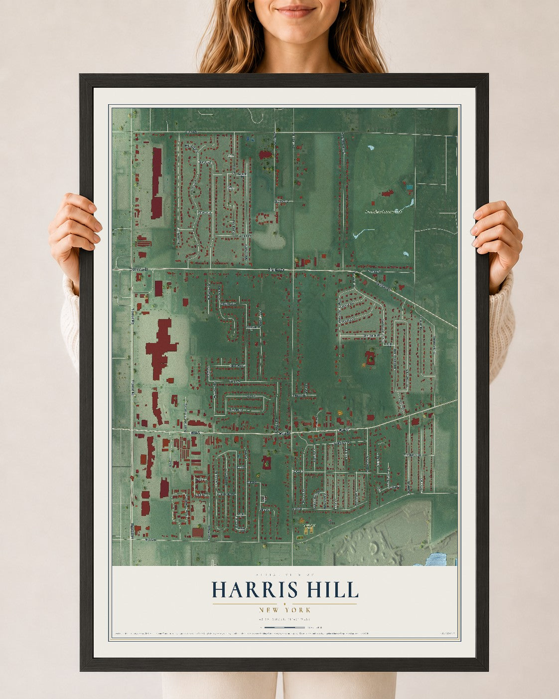 Harris Hill, New York map print, 24" x 36" W/ Black Ayous Wood Frame mockup