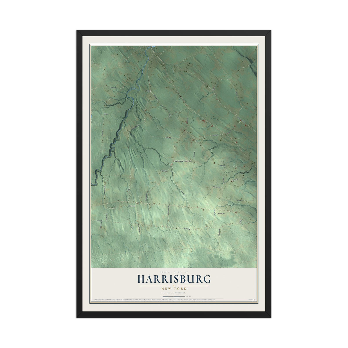 Harrisburg, New York map print, 12" x 18" W/ Black Ayous Wood Frame mockup
