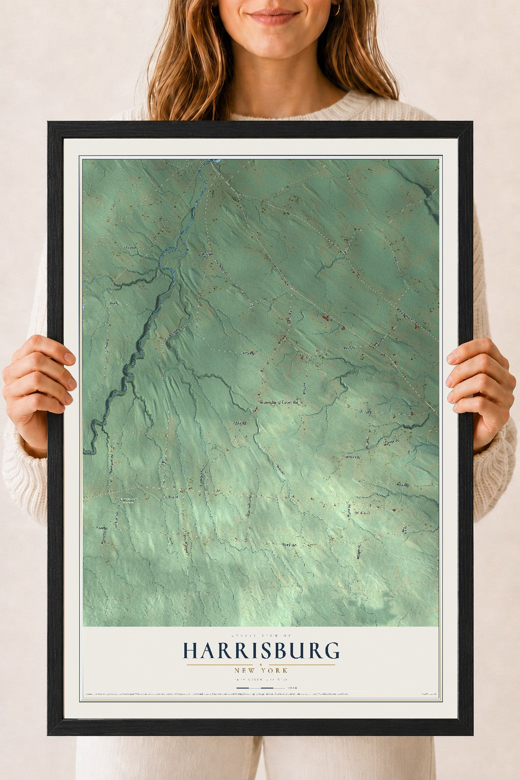 Harrisburg, New York map print, 18" x 24" W/ Black Ayous Wood Frame mockup