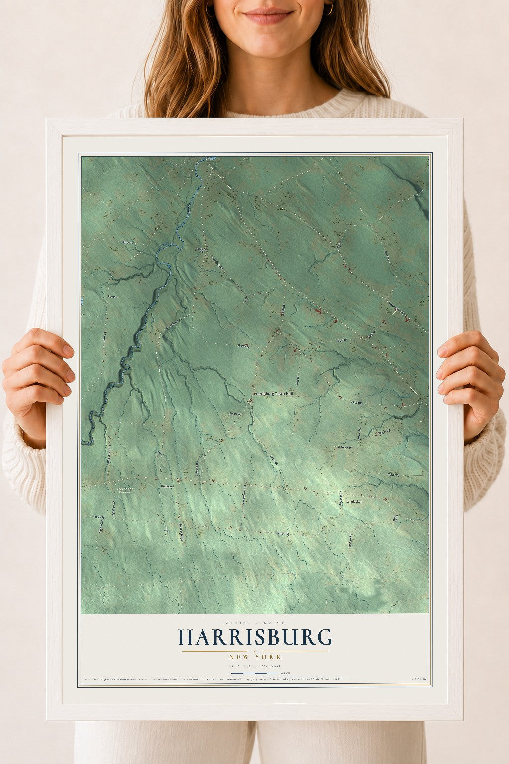 Harrisburg, New York map print, 18" x 24" W/ White Ayous Wood Frame mockup