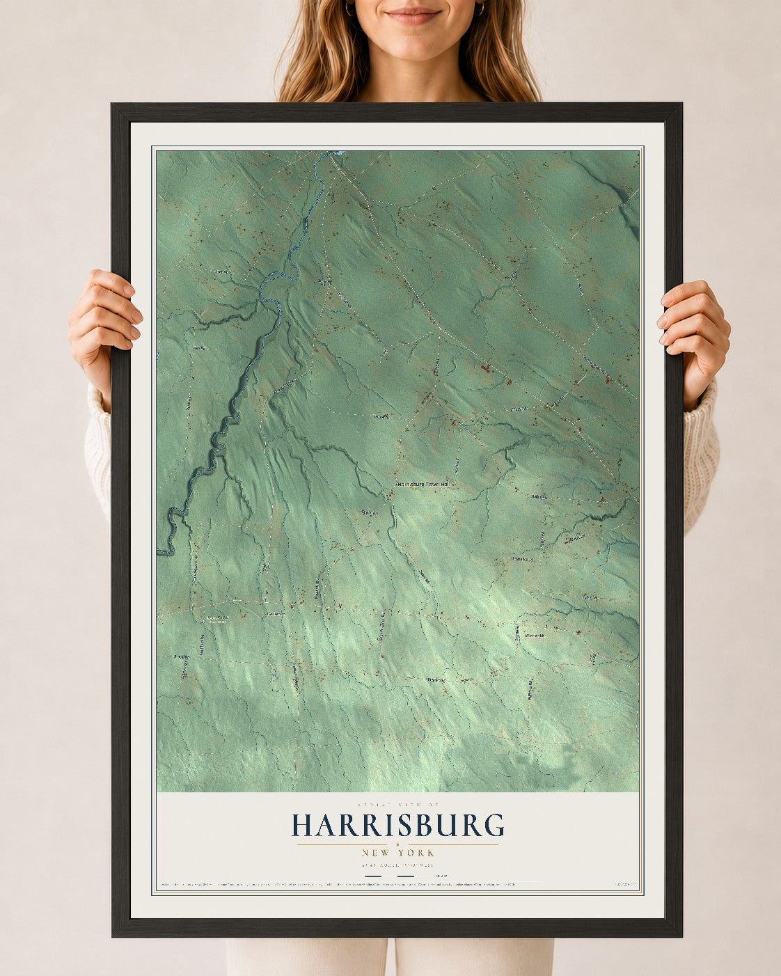 Harrisburg, New York map print, 24" x 36" W/ Black Ayous Wood Frame mockup