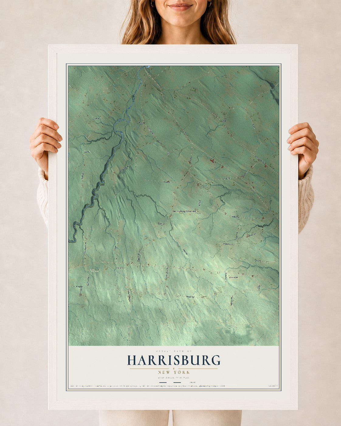 Harrisburg, New York map print, 24" x 36" W/ White Ayous Wood Frame mockup