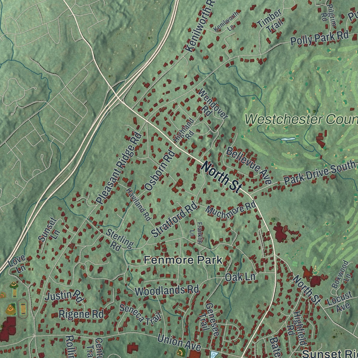 Second close-up of the map of the Town of Harrison, New York print showing more streets and buildings