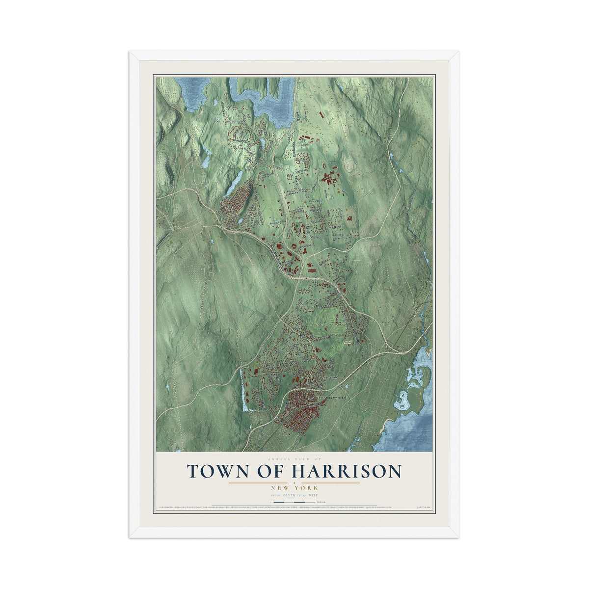 Map of the Town of Harrison, New York, 12 x 18 inch print in a white wood frame