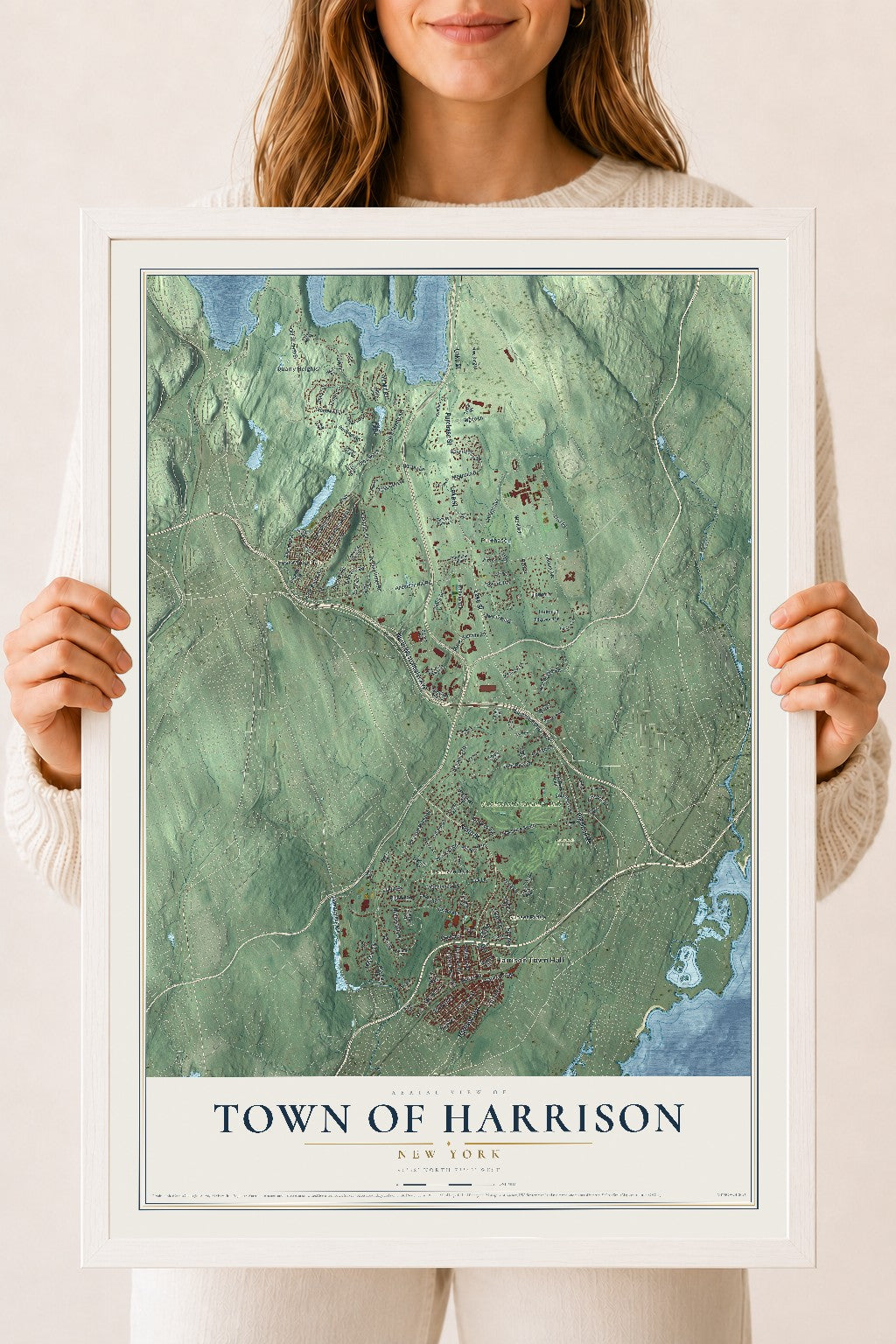 Map of the Town of Harrison, New York, 18 x 24 inch print in a white wood frame