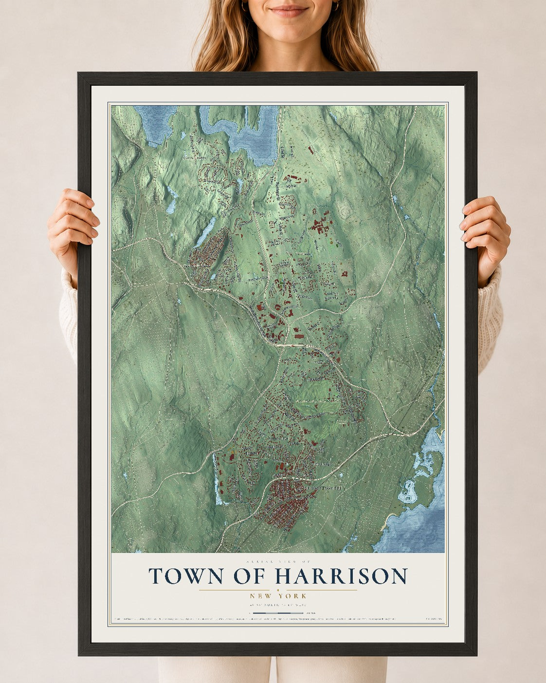 Map of the Town of Harrison, New York, 24 x 36 inch print in a black wood frame