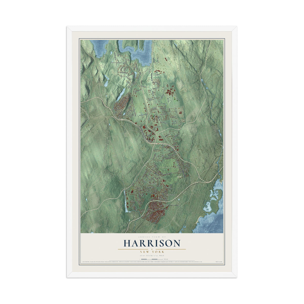 Harrison, New York map print, 12" x 18" W/ White Ayous Wood Frame mockup