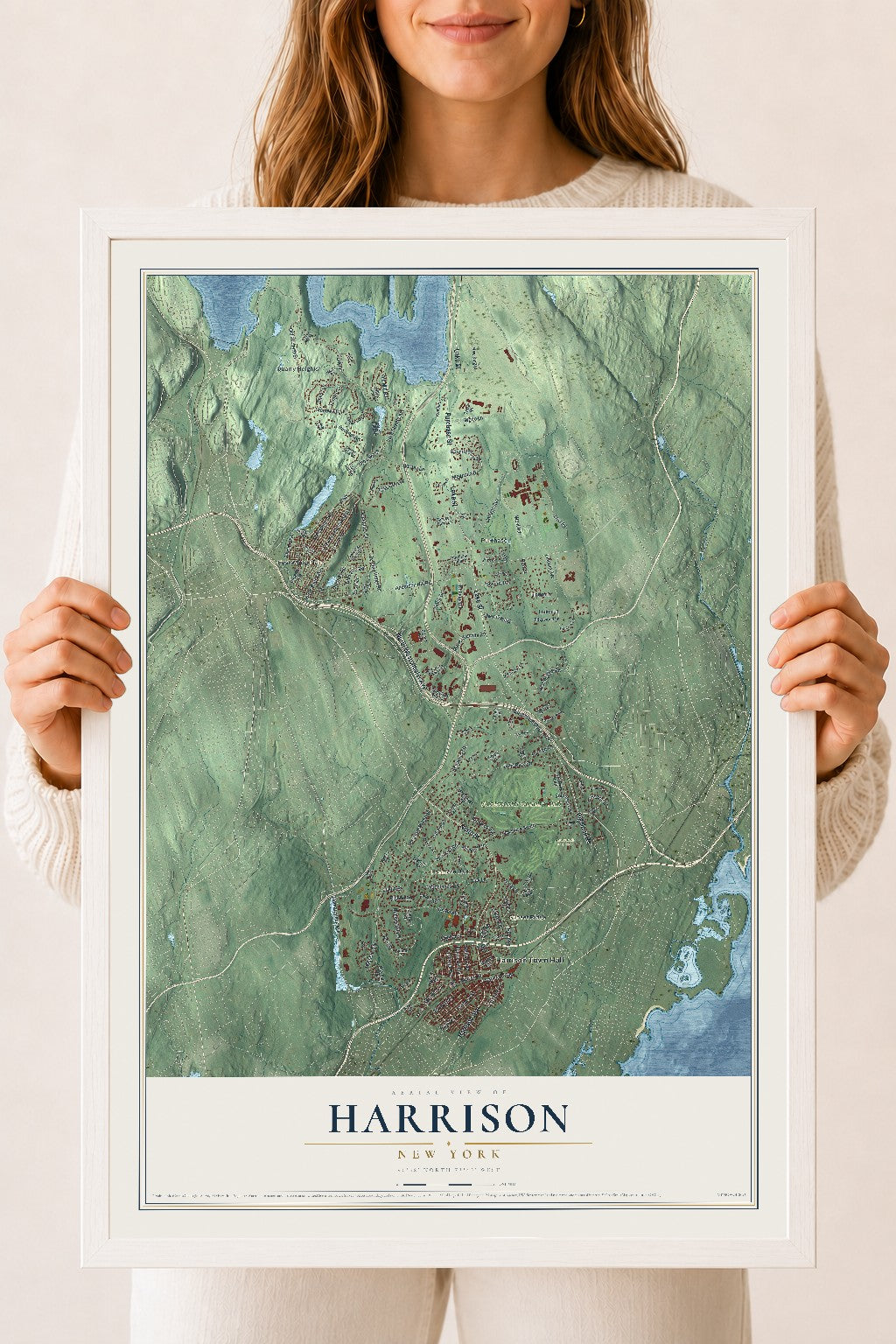 Harrison, New York map print, 18" x 24" W/ White Ayous Wood Frame mockup