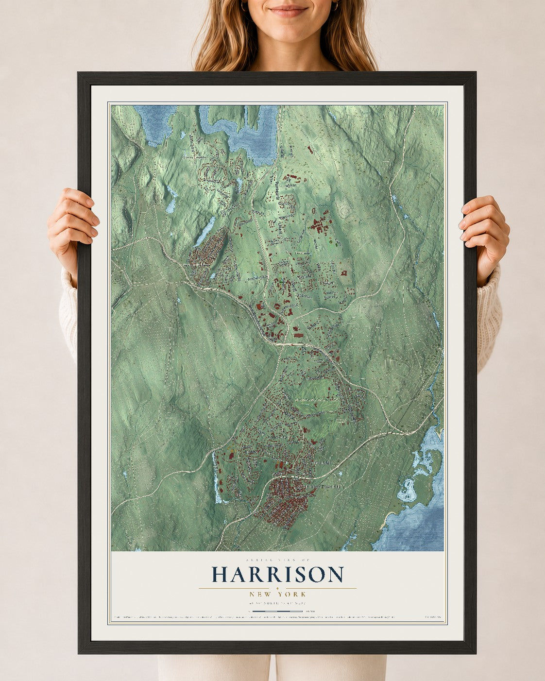 Harrison, New York map print, 24" x 36" W/ Black Ayous Wood Frame mockup