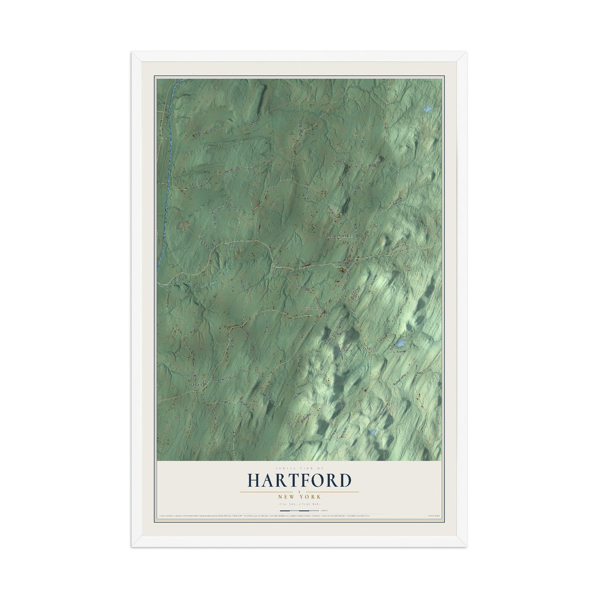 Hartford, New York map print, 12" x 18" W/ White Ayous Wood Frame mockup