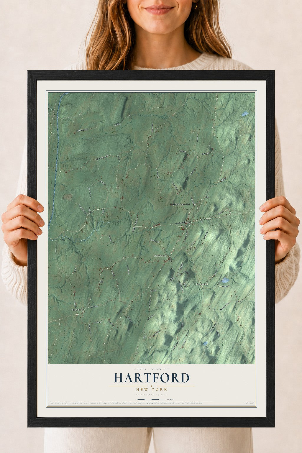 Hartford, New York map print, 18" x 24" W/ Black Ayous Wood Frame mockup