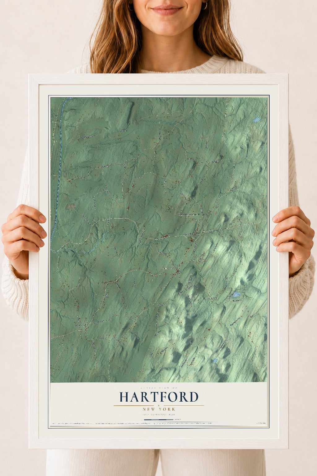 Hartford, New York map print, 18" x 24" W/ White Ayous Wood Frame mockup