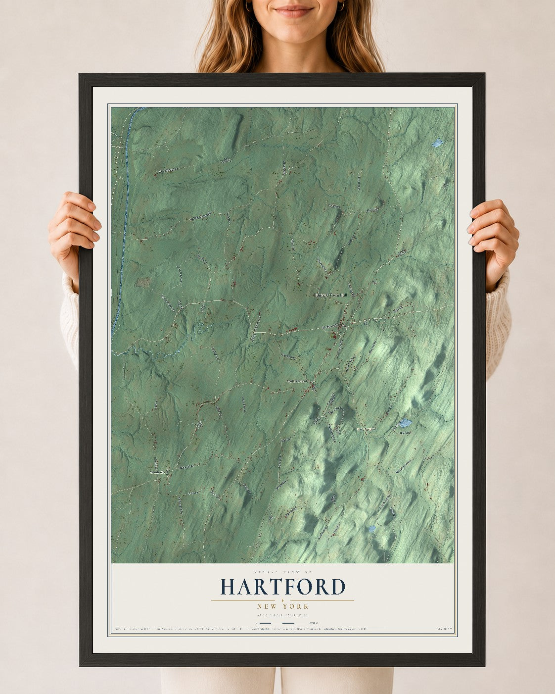 Hartford, New York map print, 24" x 36" W/ Black Ayous Wood Frame mockup