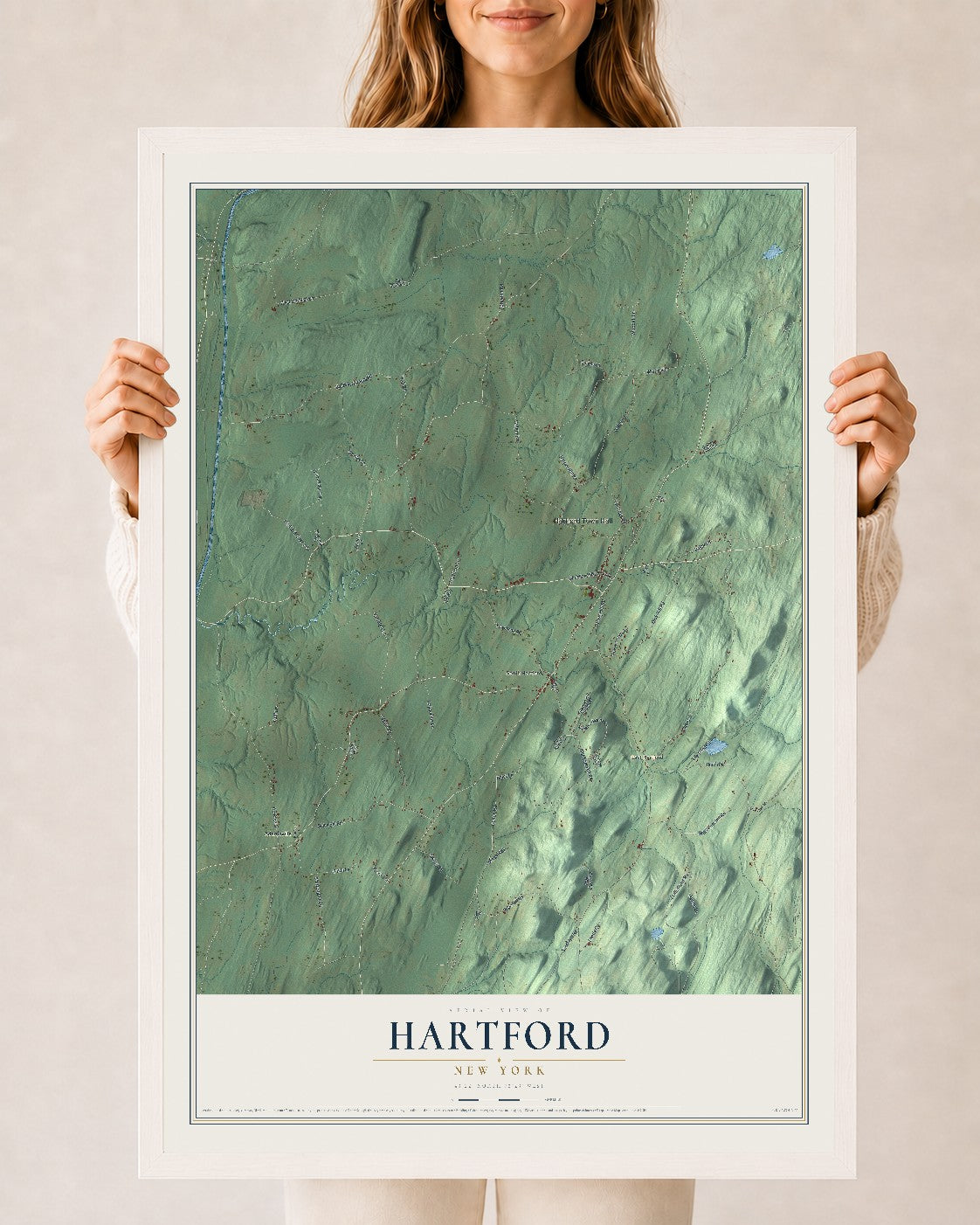 Hartford, New York map print, 24" x 36" W/ White Ayous Wood Frame mockup