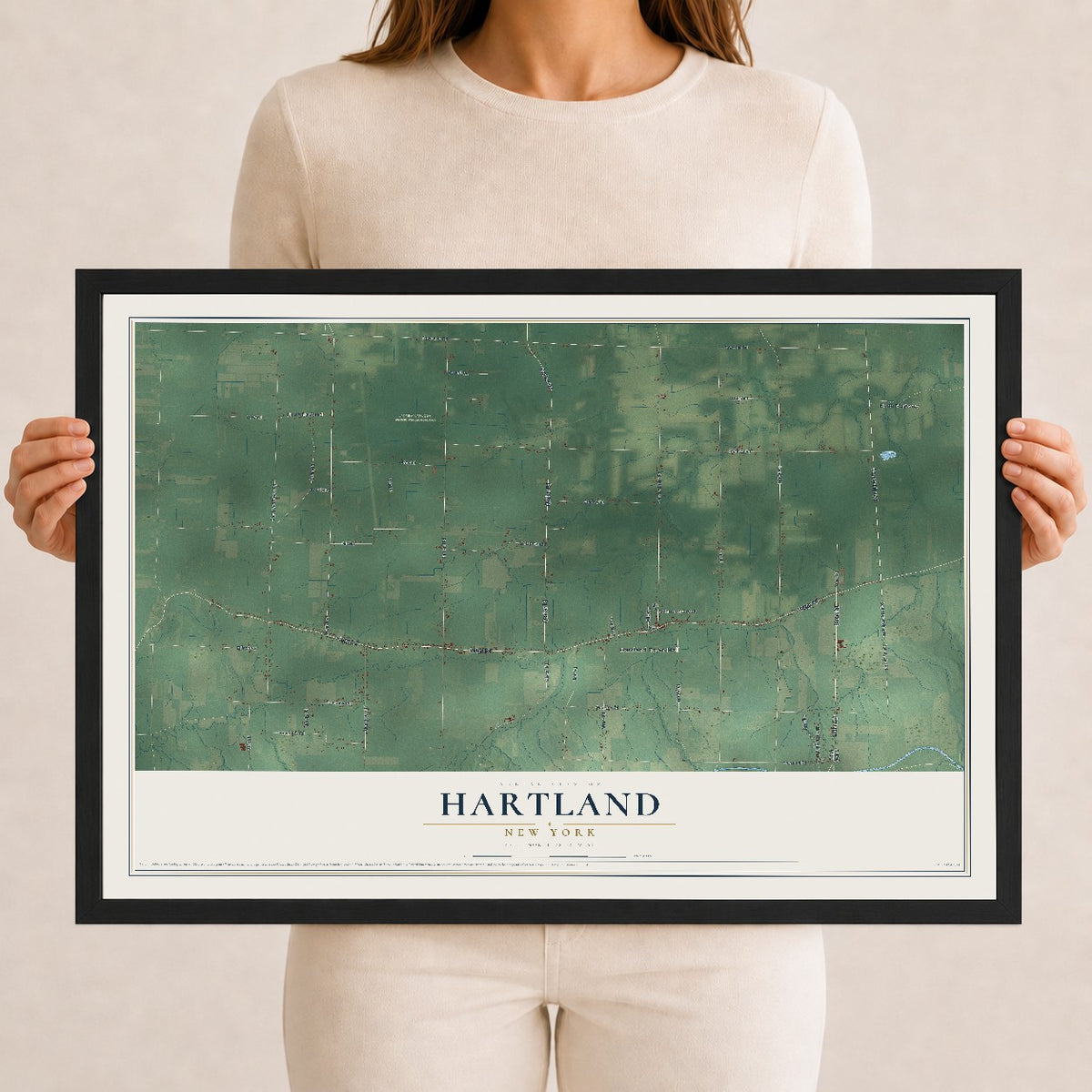 Hartland, New York map print, 12" x 18" W/ Black Ayous Wood Frame mockup